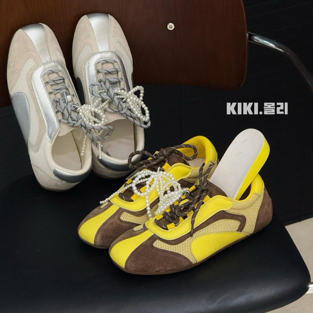 Leather double color ribbon inner height increase German training shoes women's 2025 spring soft sole beaded bow mesh Forrest Gump casual shoes