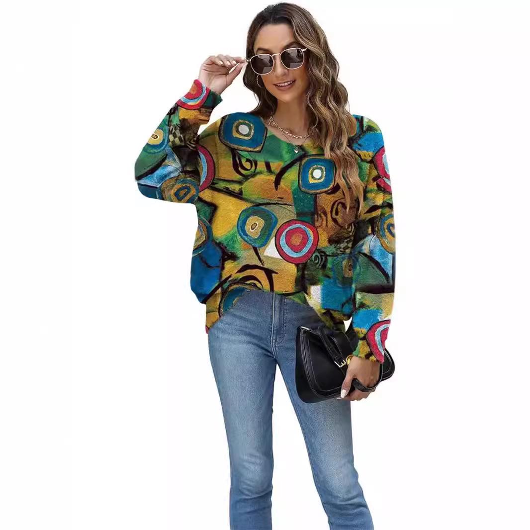 

Женский трикотажный пуловер с граффити большого размера - Повседневный свободный топ с длинным рукавом 3XL цветочный