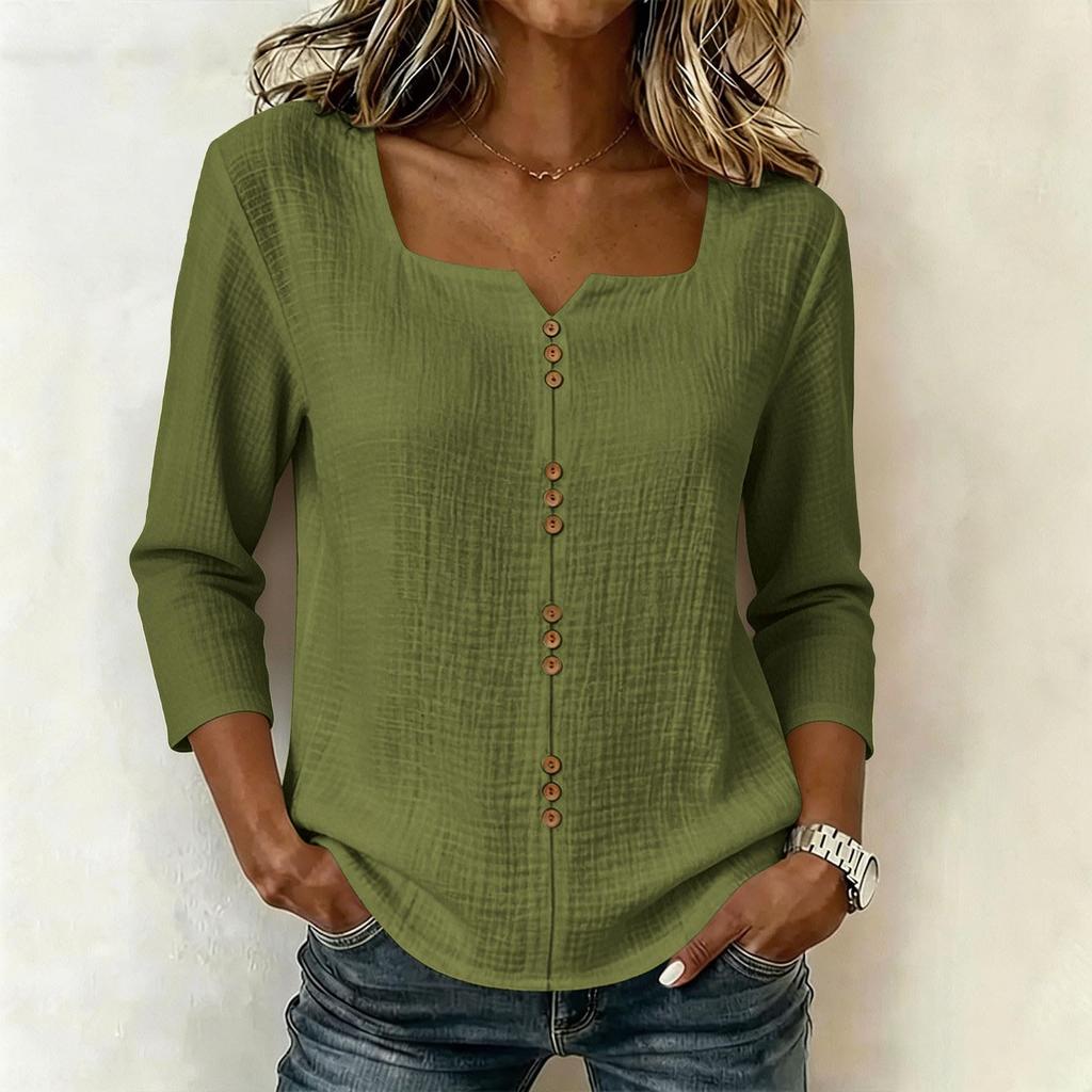 Women's V-Neck Three-Quarter Sleeve Button Down Blouse for Work in Cotton Linen