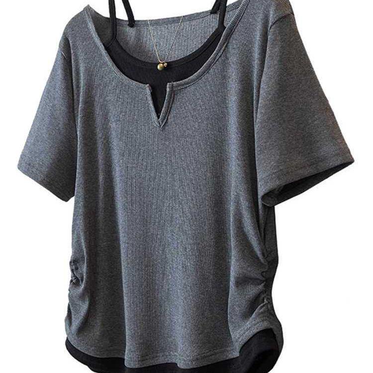 Women's Plus Size Patchwork Faux Two-Piece Short Sleeve T-Shirt - Loose, Slimming, Versatile Summer Style