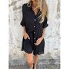 Women's shorts suit casual solid color cotton linen long sleeve wrinkle shirt and shorts two-piece set