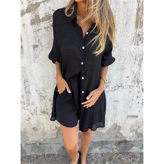 Women's shorts suit casual solid color cotton linen long sleeve wrinkle shirt and shorts two-piece set