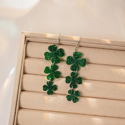 Glitter Lucky Green Shamrock Dangle Earring For Women Girls Irish Style St Patricks Day Earrings Lucky Acrylic Green Drop Earing
