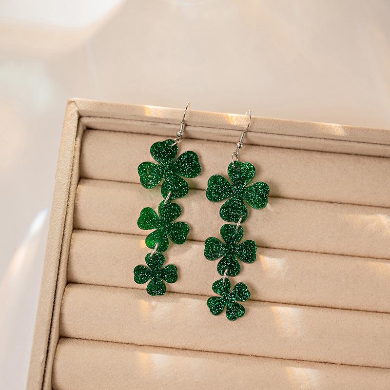 

Glitter Lucky Green Shamrock Dangle Earring For Women Girls Irish Style St Patricks Day Earrings Lucky Acrylic Green Drop Earing