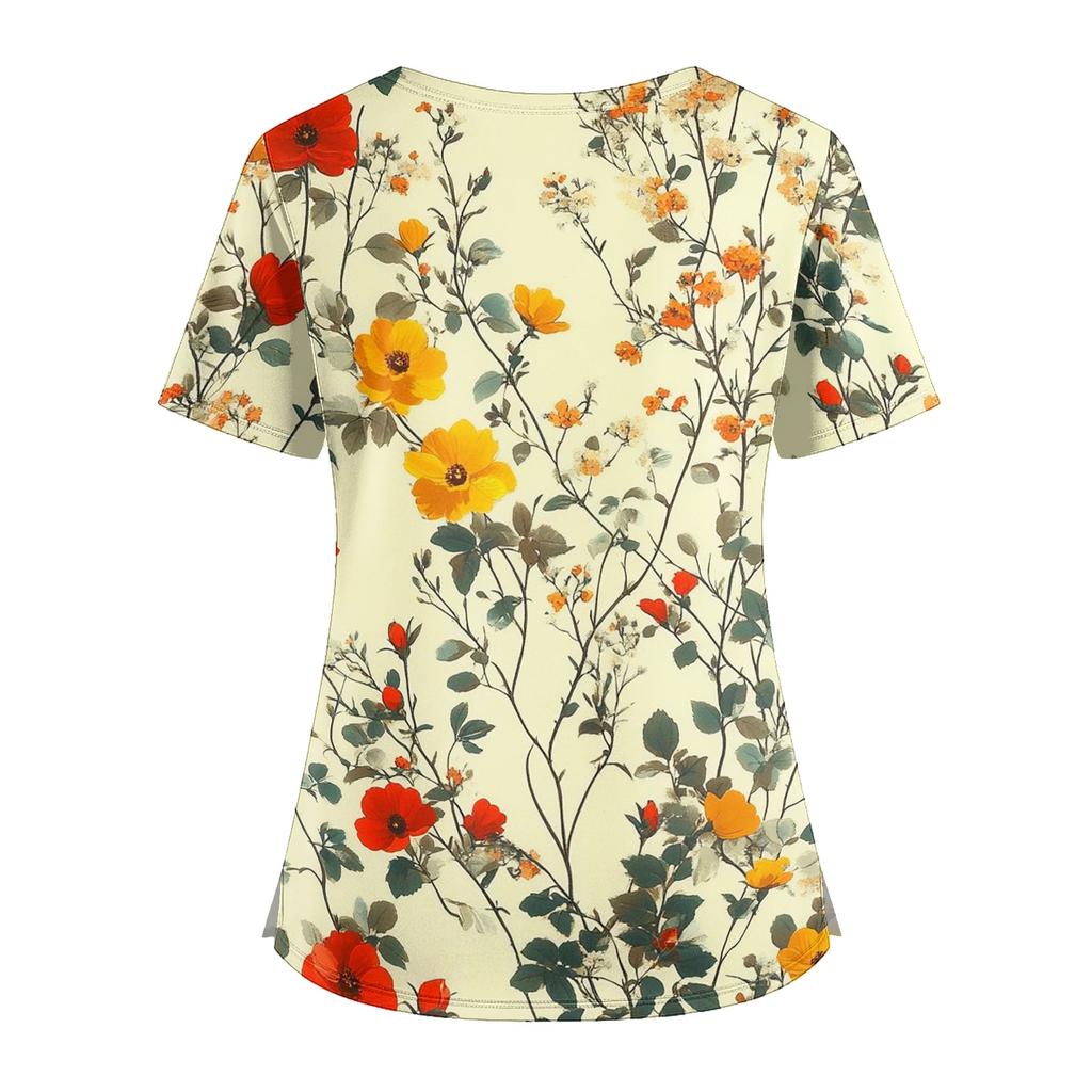 Floral Print V Neck Medical Scrub Top with Pockets Side Slits Short Sleeve Nurse Uniform Shirt for Women Comfortable Fit