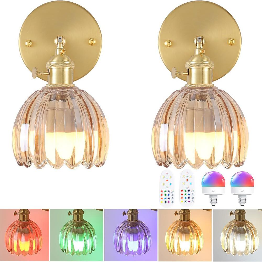 Vintage Glass Wall Sconce 2P RGB Rechargeable Bulb Wiring Free For Living Room Bedroom Study Room Cloakroom Stairwell Decor Lamp