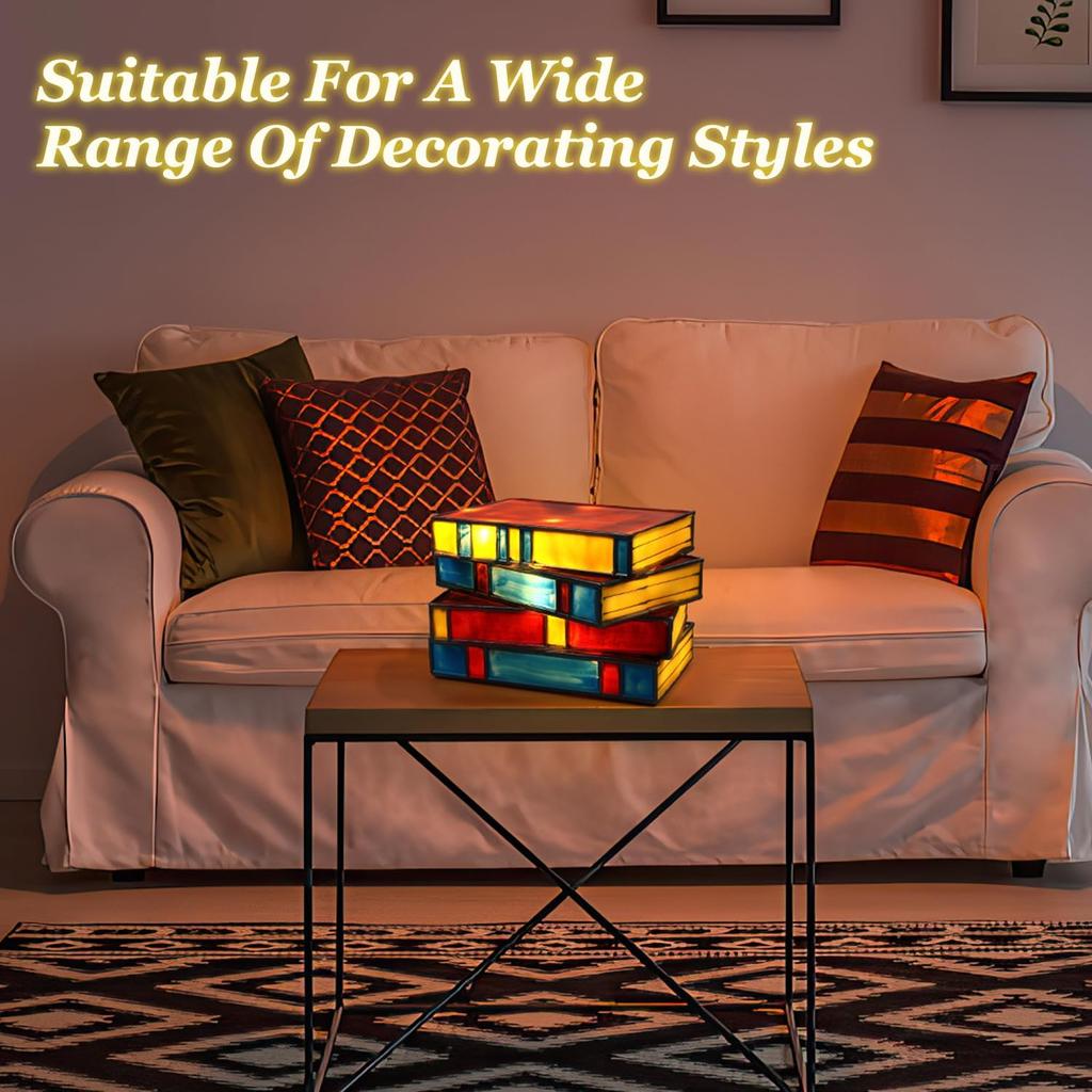 Omaky Stained Resin Stacked Books Lamp, Stacked Books Resin Lamp, Handcrafted Resin Nightstand Desk Book Lamps, Reading Nook Lighting Vintage Table