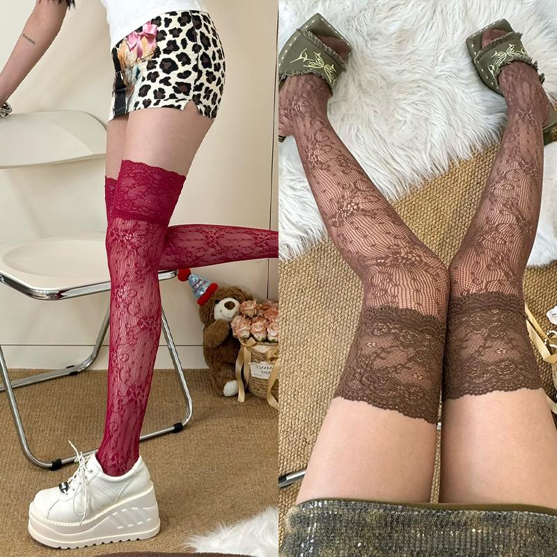 Calze autoreggenti Y2K da ragazza con fiori in pizzo e rete, stile giapponese JK, dolci con bordi in pizzo e volant, sopra il ginocchio, lunghe