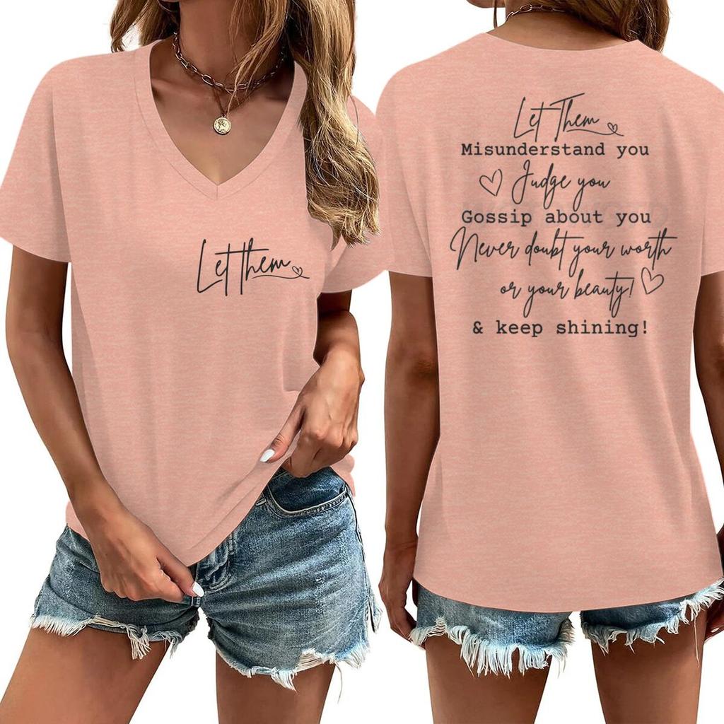 Let Them Letter Print Vneck Short Sleeve Soft Tee Inspirational Quotes Gift for Women Casual Positive Quotes Women Tshirts