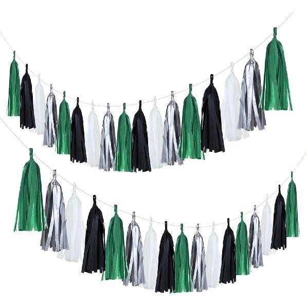 Guzon 20 Pack of Black Green Silver Party Decorations Tassel Garland Banner White Tissue Paper Tassels for Soccer Party Supplies Graduation Backdrop