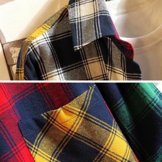 Men Spring Shirt Colorblock Plaid Print Single-breasted Loose Long Sleeve Lapel Buttons Streetwear Casual Cardigan Shirt Coat