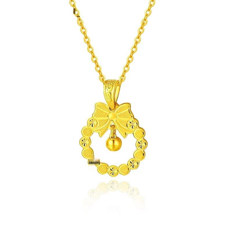 

Gold Plated Bow Wreath Necklace with Bell Charm - Women s Versatile Clavicle Chain Gift Bow Wreath Pendant (No Chain)