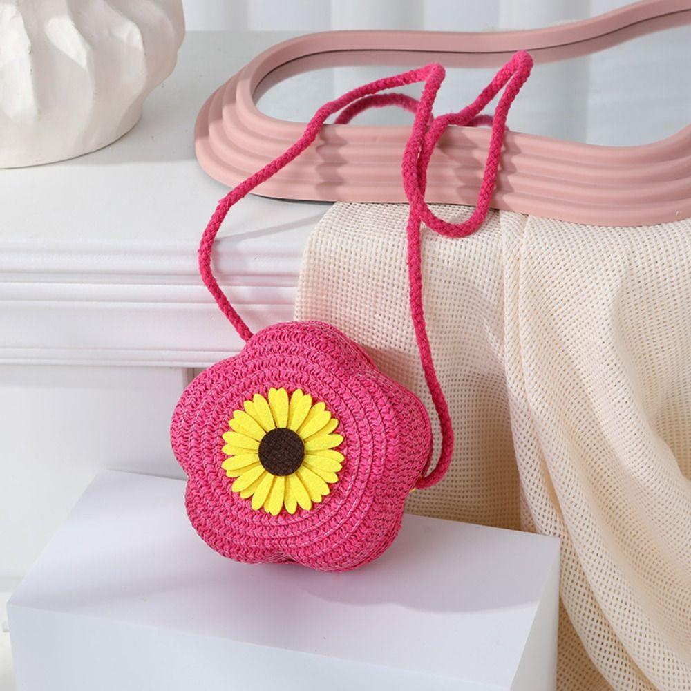 Ανθεκτική Ψάθινη Τσάντα Crossbody Πλεκτό Πορτοφολάκι Λουλούδι Χειροτσάντα Κοριτσιών Παιδική Τσάντα Ώμου Messenger Καλοκαιρινή Χαριτωμένη Μίνι Τσάντα Πριγκίπισσας