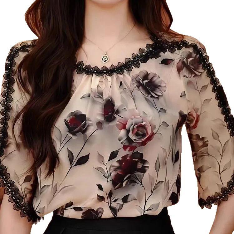 Blouse de style occidental en mousseline de printemps et d'automne à fleurs à manches courtes Chemise super féerique Été Femmes