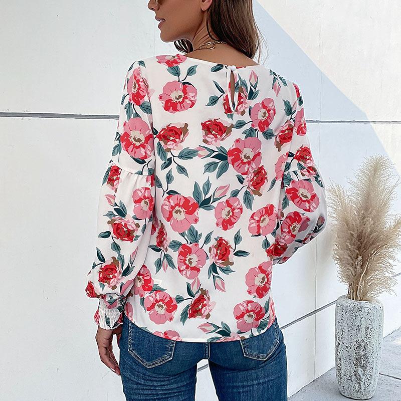 Spring and Autumn Women's Blouse Commuter Printed Round Neck Lantern Sleeve Pullover Shirt Long Sleeve Top