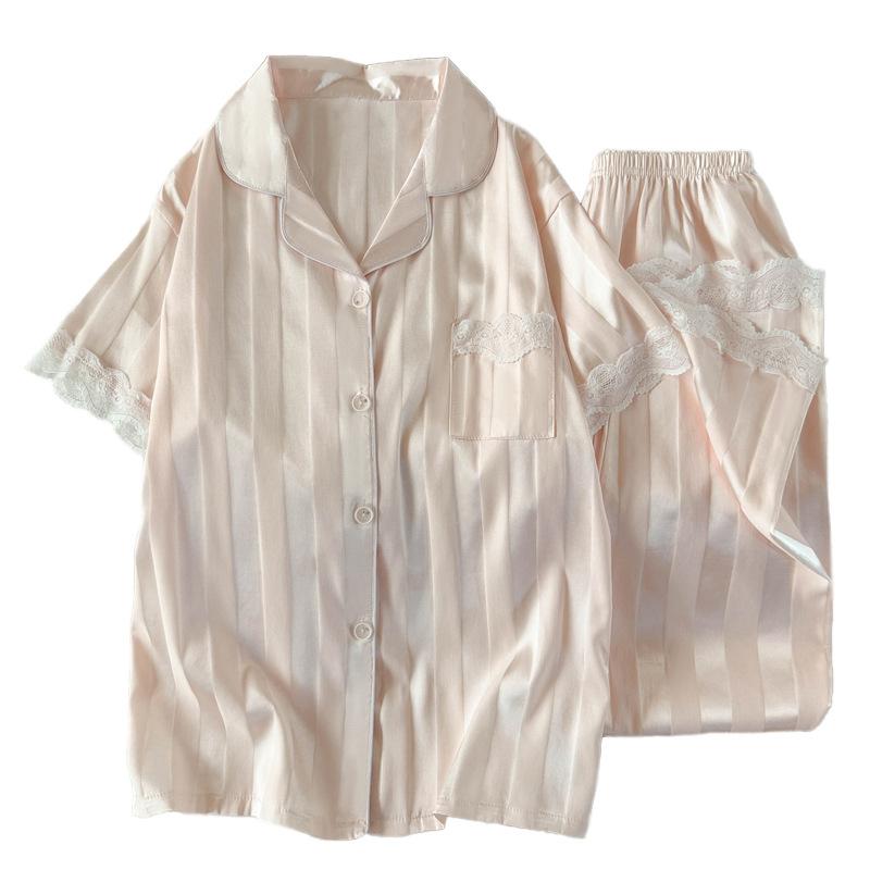 Pajamas Women'S Spring And Summer Flowers High-End Light Luxury Short-Sleeved Trousers Loungewear Suit Can Be Worn Outside