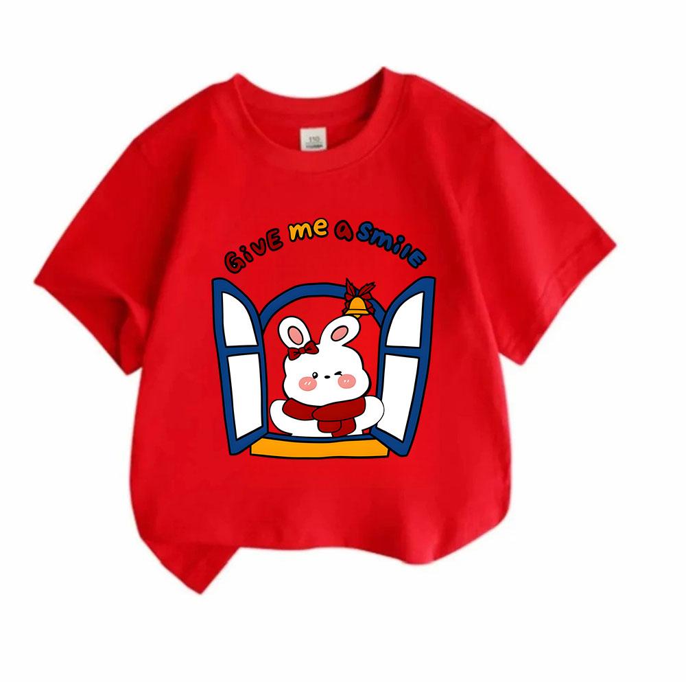 Kids Boys Girls 100% Cotton Crew Neck Short Sleeve T-Shirt, Cute Wink Bunny Window Give Me A Smile Graphic Casual Summer Tee for Children Daily Wear