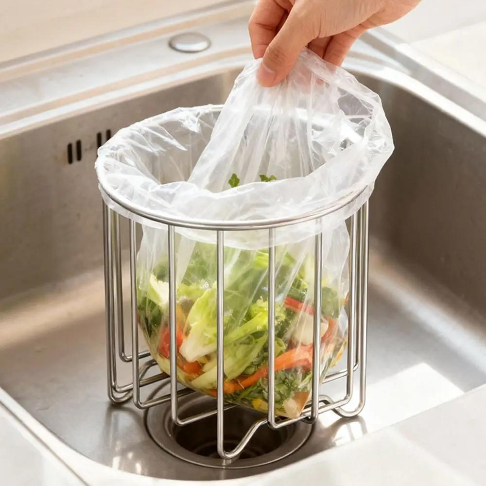 Soporte para Bolsas de Basura de Acero Inoxidable a Prueba de Óxido Ahorrador de Espacio Organizador de Basura para Fregadero Multifuncional Ventilación Cesta de Drenaje para Basura