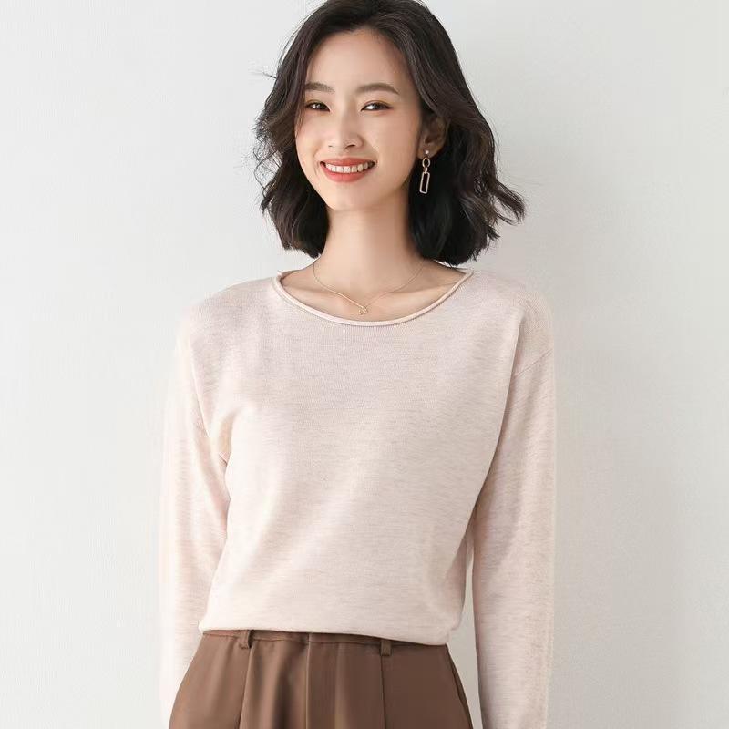 Moda coreana Mujer suelto Cuello redondo Liso Jersey Suéter Otoño e Invierno Manga larga Tejido Camiseta interior de punto Suéteres combinables