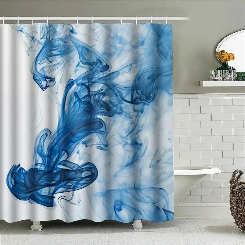 Blue Smoke Effect Shower Curtain Decor Modern Blue Ink Print Shower Panels Bathroom Decoration Waterproof Fabric