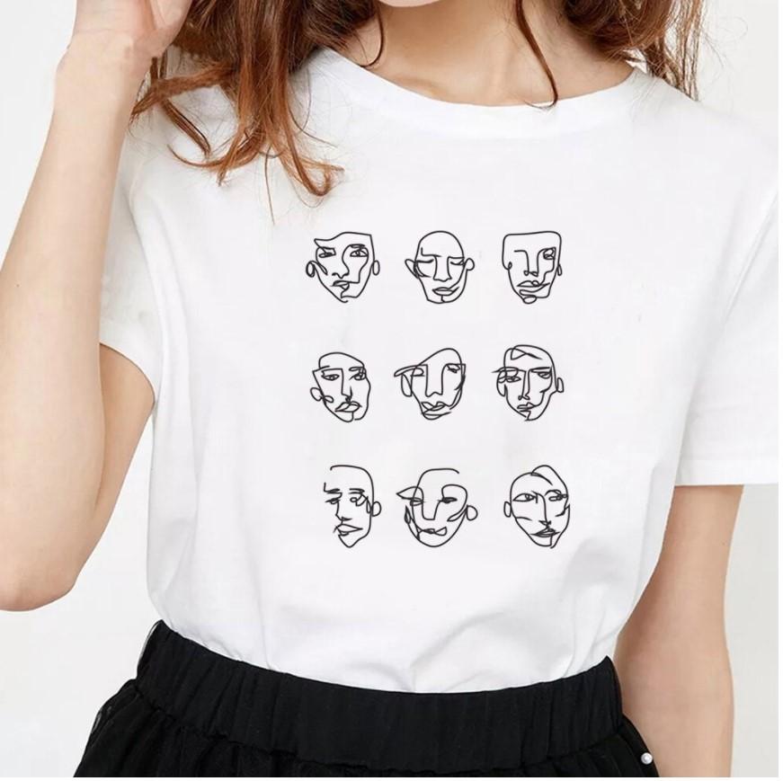 Creative Face Graphics Woman Graphics 90S Blouses Harajuku Summer Short Sleeve O-Neck White Female Tops Streetwear Y2K Clothing