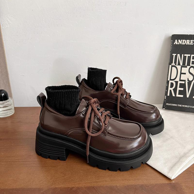 Retro British Style Black Small Leather Shoes Women's Autumn New Velvet Thick-soled Heightening Small Loafers