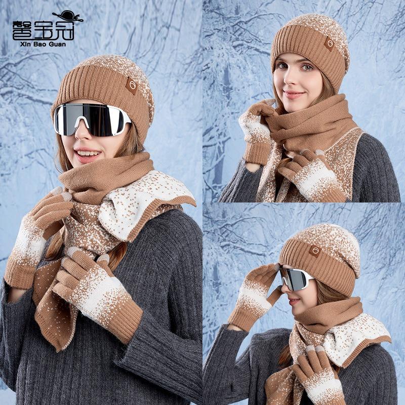 Winter hat, gloves, scarf, three-piece set, outdoor cold-proof and warm pullover hat, fleece ear protector, knitted wool hat for women