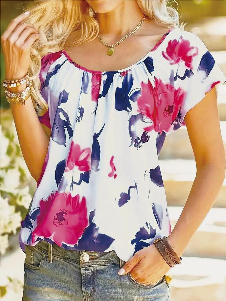 2023 European and American New Independent Station, Spring and Summer Flower Pleated Printing Short-sleeved Round Neck Loose T-shirt Top