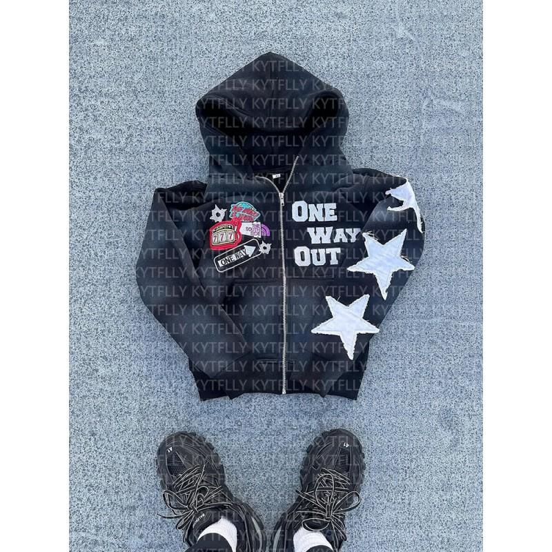 Casual Hooded Zip-Up Sweatshirt Teens Unisex Loose Fit Graphic Print Streetwear Fall