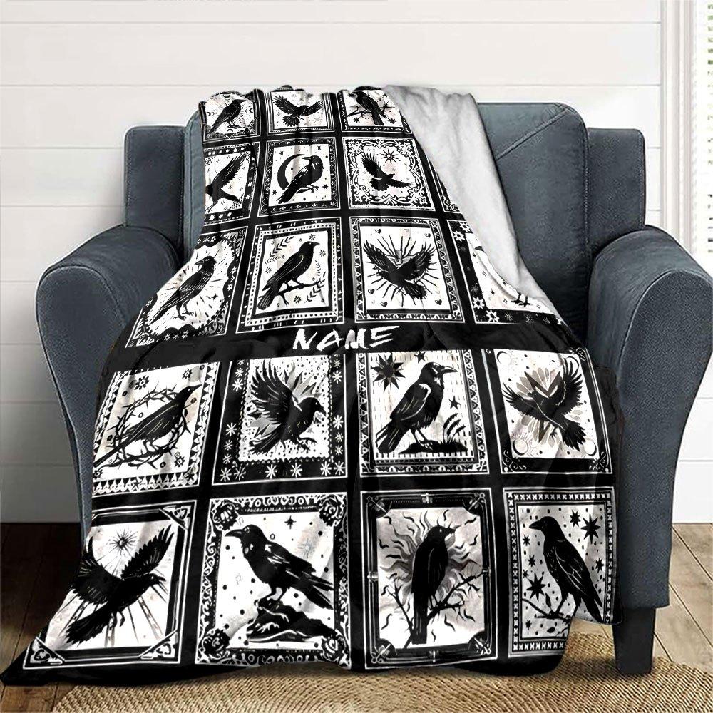 Black And White Raven Pattern Home Customize Your Name Blankets Soft And Cozy Lightweight For Yearround Use Perfect For Picnics Sofa Office Bed Living