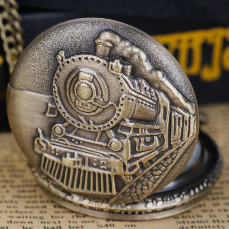 Vintage Antique Steam Train Embossed Quartz Pocket Watch Necklace with Chain Exquisite Jewelry Pendant Ideal Gift for Men