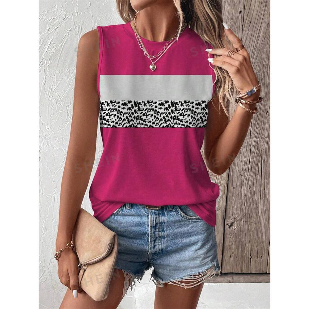 Summer color splicing 3D printing women's fashionable O-neck vest