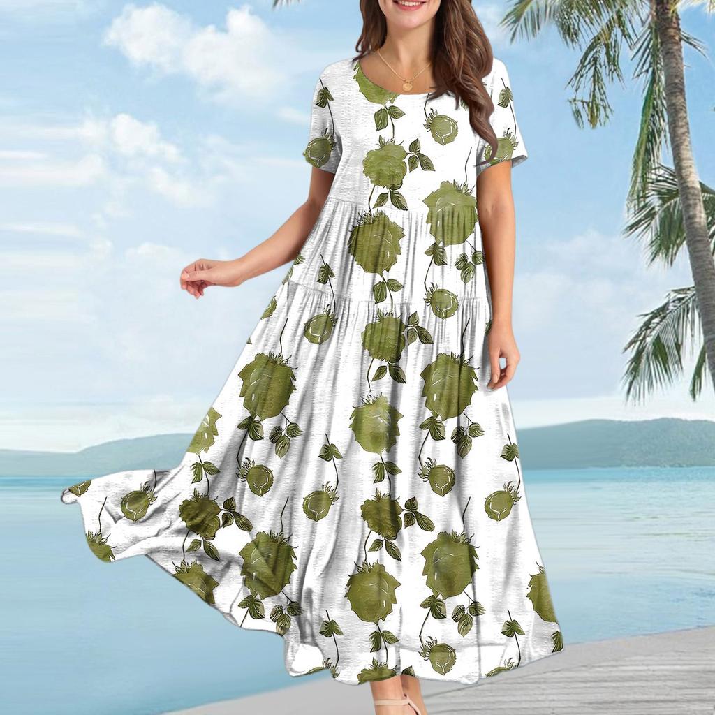 Women Casual Loose Bohemian Floral Dress Short Sleeve Long Maxi Summer Beach Swing Dress
