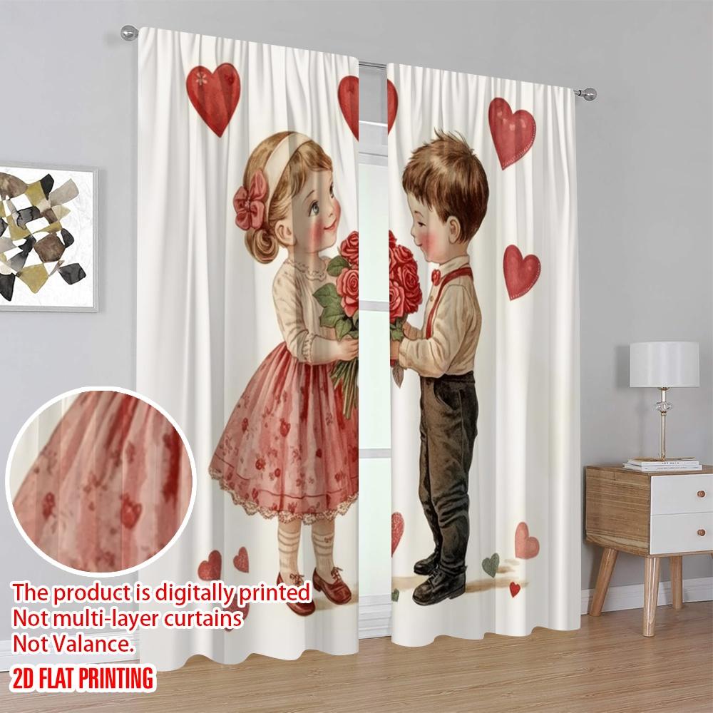2 Stück, 2D-Flachdruck Minimalistische Vorhänge Vintage Valentinstag Polyestergewebe (ohne Stange) Heimdeko Perfekt für Schlafzimmer,