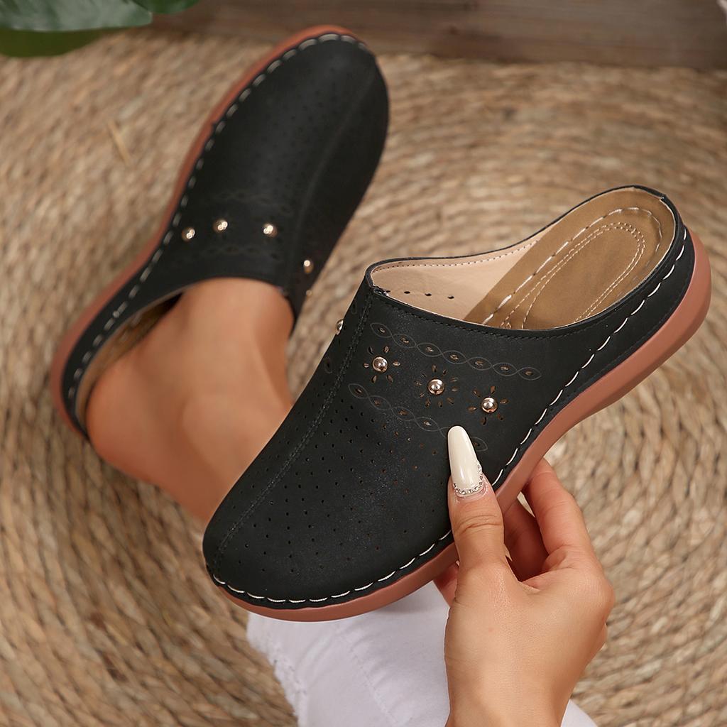 Women Slippers Summer Shoes Woman Split Leather Hollows Sandals Breathable Baotou Slippers Outside Plus Size Slides Women