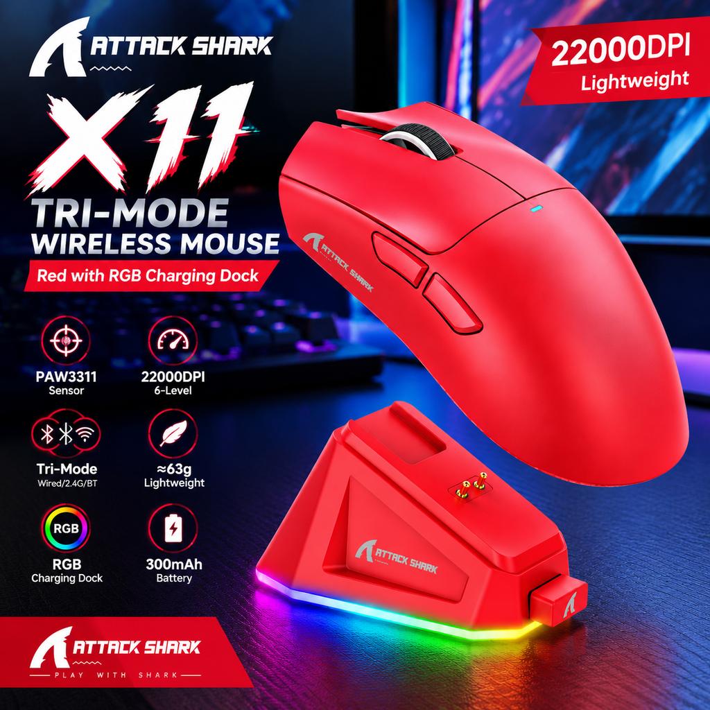 X11 Tri-Mode Wireless Mouse Red with RGB Magnetic Charging Dock, 22000DPI Lightweight