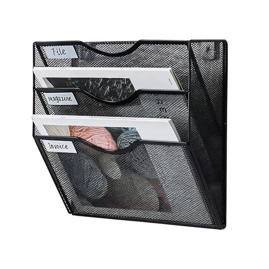Wall File Organizer 3 Tier Mesh Metal Hanging File Folder Rack with Label Slots Rust-Resistant Mail Organizer for Office Home Classroom