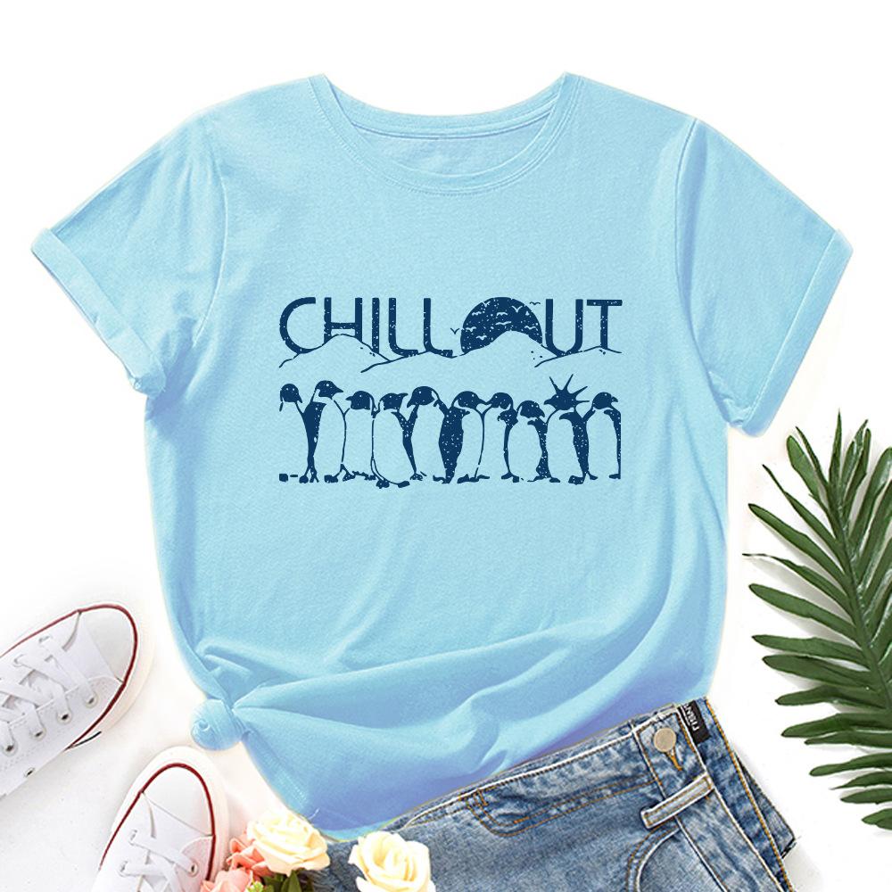 Penguin Cotton T-Shirt Short Sleeve Round Neck Women 2d Print Tops