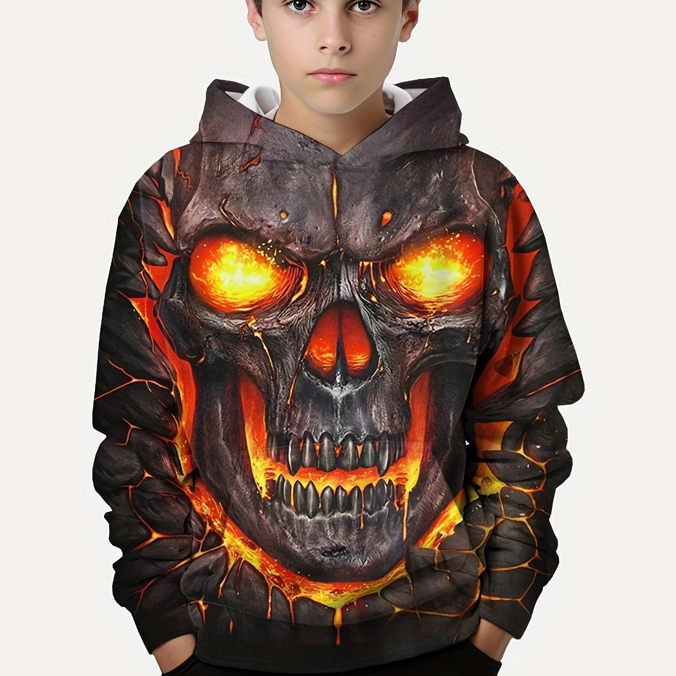 

Повседневный пуловер с 3d принтом «Пламя черепа» для мальчиков, толстовки с длинными рукавами, толстовка для мальчиков на весну и осень, детские топы с капюшоном, уличная одежда