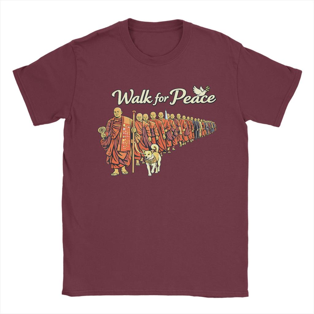 Retro Walk for Peace Monks with Aloka Dog Minimalist Zen Art TShirt Cotton T Shirts For Couple Tee Shirt ShortSleeve Top Tees