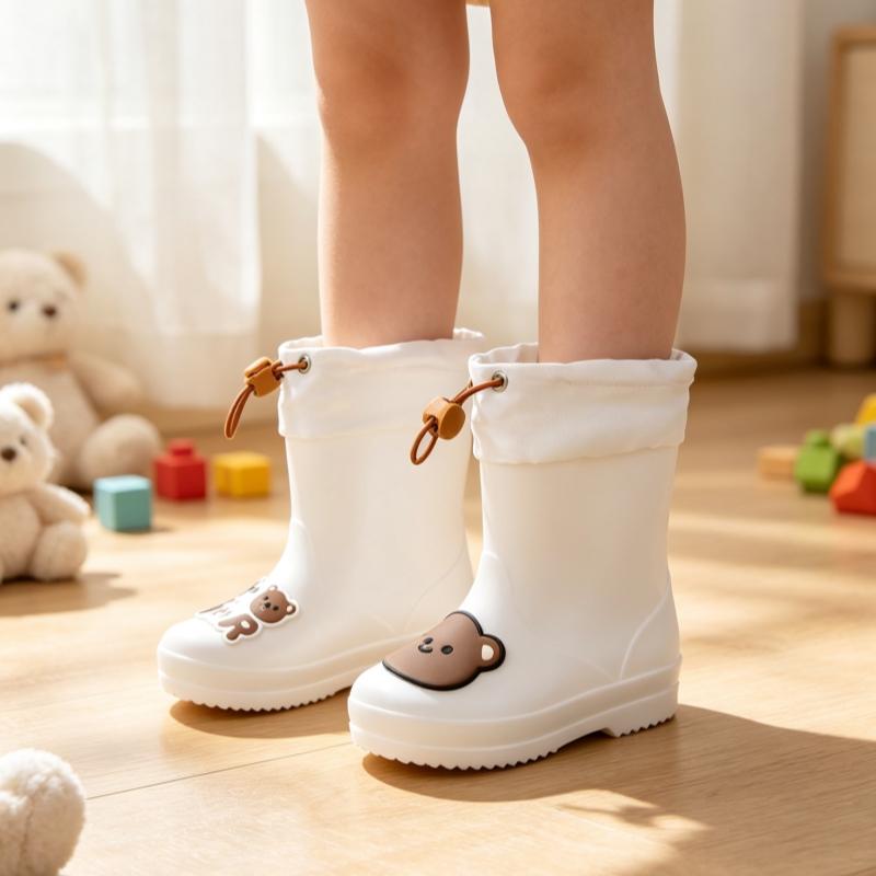 Kids Rain Boots Girls Baby Non-Slip Strap Waterproof Cute Bear Cartoon Tightening Strap Comfortable Rubber Booties for Children