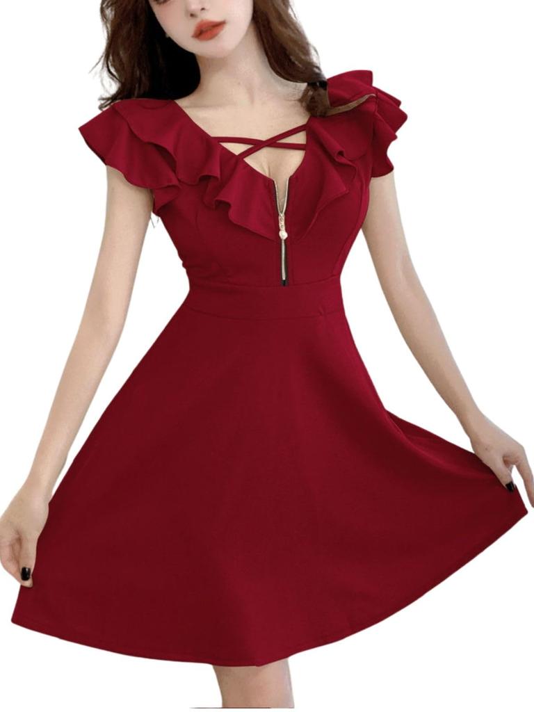 Coco Yuka Ruffled Sexy Mini Flare Hostess Short Tight Dress with Cross Chest and Zipper Size & Half-Zip Dress, Dress, Off-the-Shoulder, Sleeves,