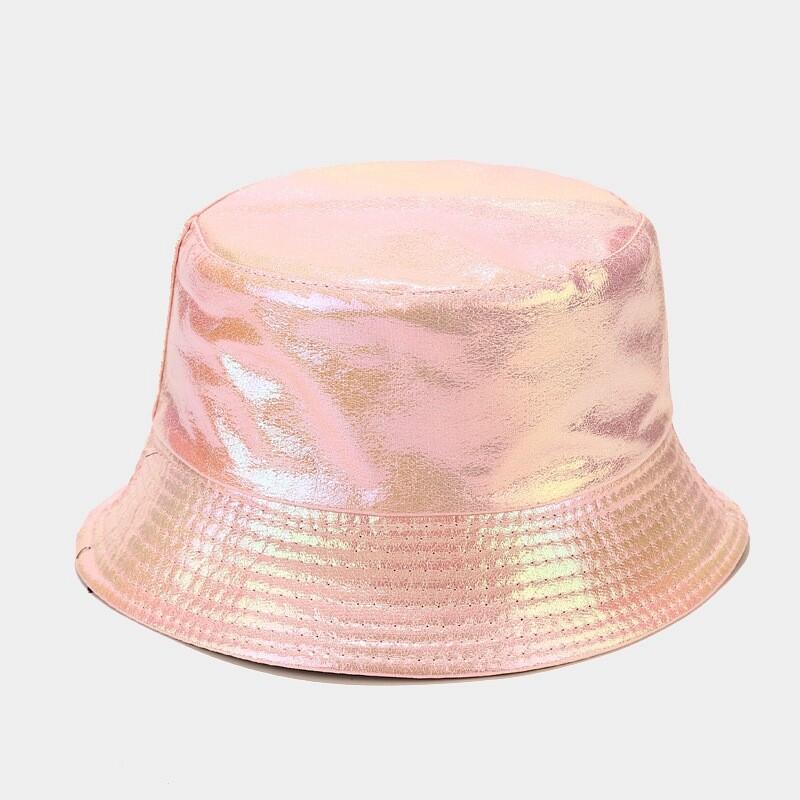 Women Girl Laser PU Faux Leather Bucket Hat Cap Shiny Sunhat Foldable Casual