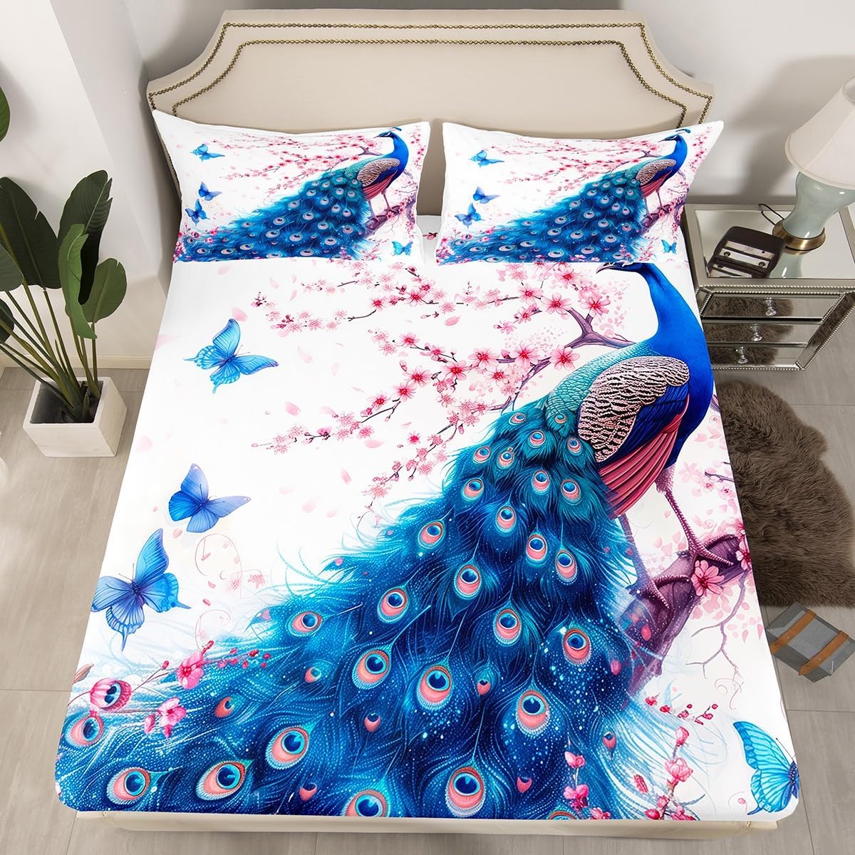 

Красивая простыня на резинке с павлином, двуспальная, акварельный комплект постельного белья с бабочками для декора комнаты девочки, покрывало с наволочками 200x200cm