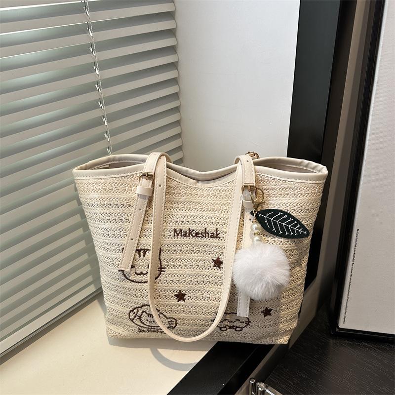 Woven Fashionable Large-capacity Cat Embroidery Tote Bag, New Trendy Foreign Style, Casual Commuting Temperament, Simple Beach Bag
