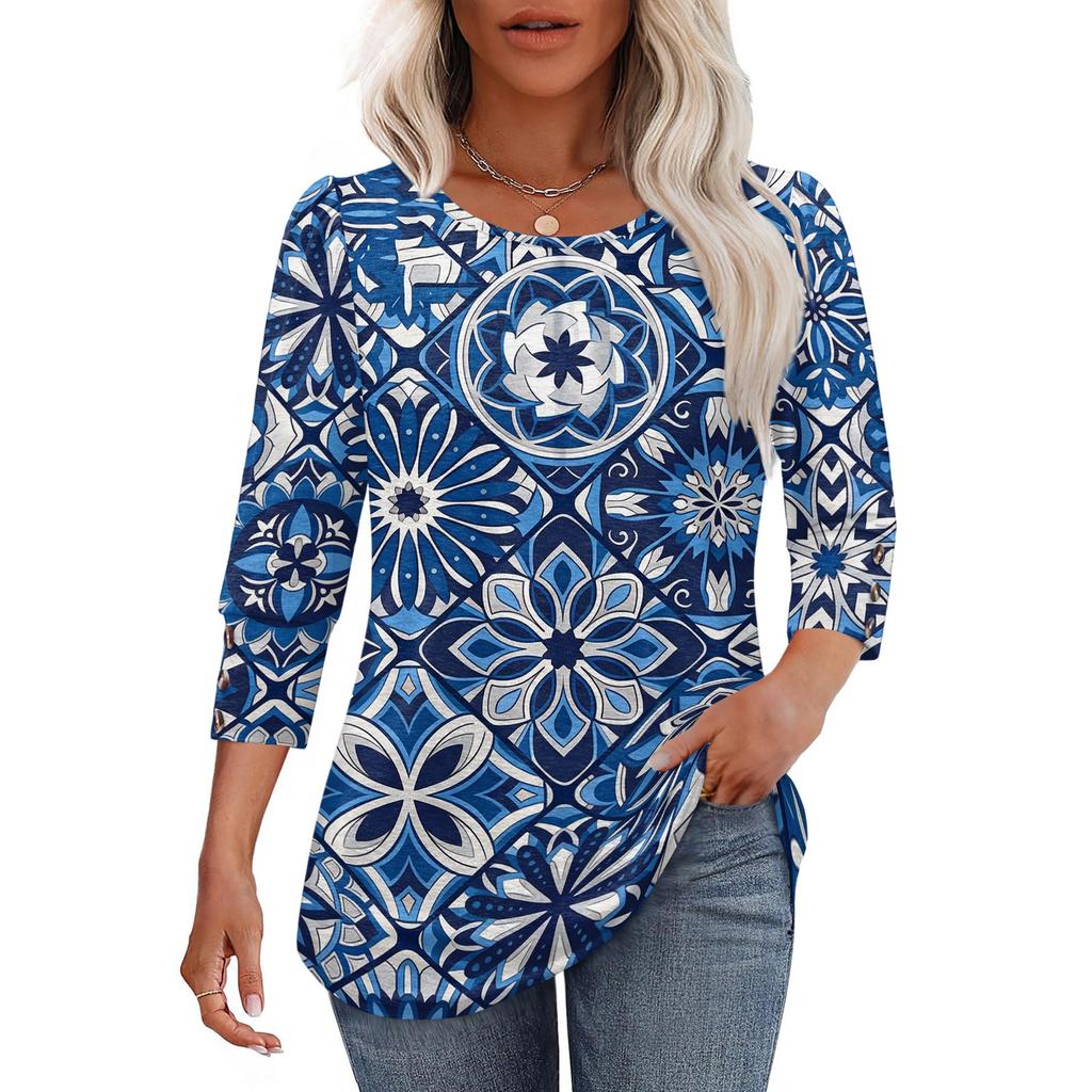 Damen Freizeit Oberteil Lockere Passform Dreiviertelarm Rundhalsausschnitt Bluse Leichter Bequemer Stoff Stilvolles Gemustertes Design