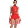 Body da ballo latino Chacha da donna S-XXL: Body Leotard Monopezzo Senza Maniche con Strass Scintillanti, Schiena Svuotata, Gonna Irregolare, per Ginnastica