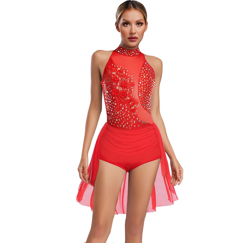Body da ballo latino Chacha da donna S-XXL: Body Leotard Monopezzo Senza Maniche con Strass Scintillanti, Schiena Svuotata, Gonna Irregolare, per Ginnastica