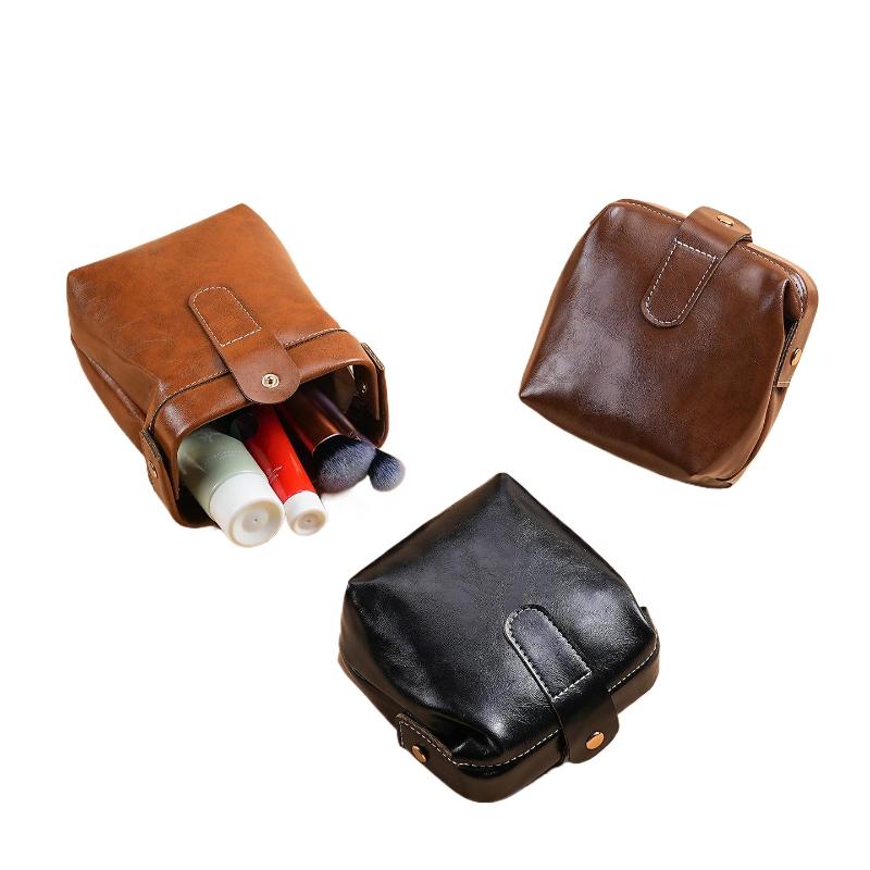 1Pcs Solid Color Large Capacity Makeup Case Button Coin Purse Handbag Fashion Vintage PU Leather Cosmetic Bag