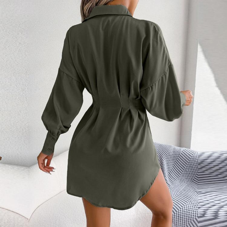 Women Autumn Winter High Waist Asymmetric Dress Shirt Solid Color Lantern Sleeve Lapel Neck Dress